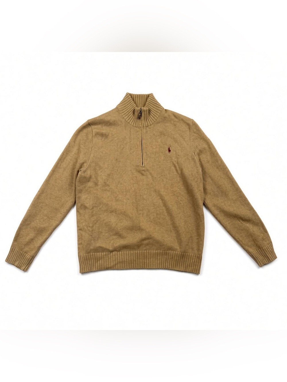 Ralph Lauren Men’s Zip-Neck Sweater in Tan with Burgundy Pony